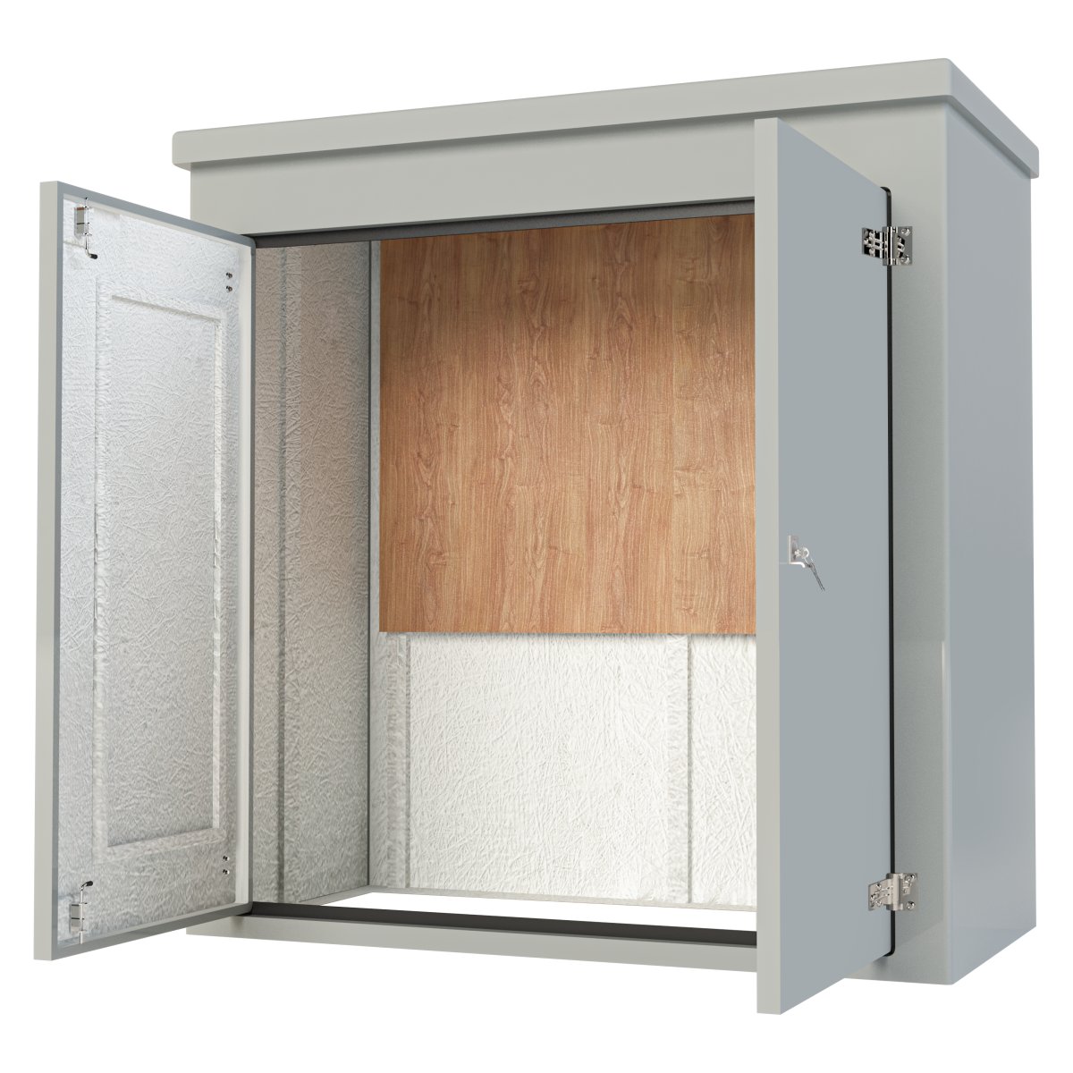 VR14-E Grey GRP Walk-In Kiosk — 2000×1000×2000mm with Electrical Fit-Out — open front view, back plate visible