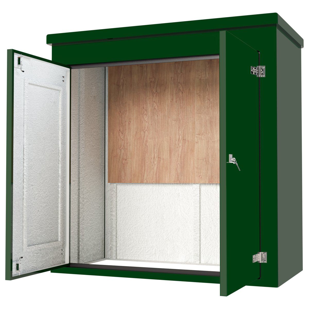 VR14-E Green GRP Walk-In Enclosure — 2000×1000×2000mm with Electrical Fit-Out — open, showing backplate